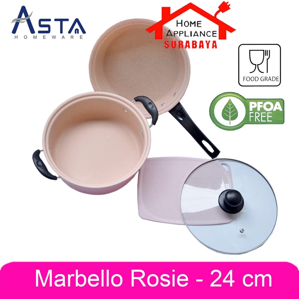 Panci Wajan Frypan Set + Tutup Kaca Anti Lengket Isi 4 PCS Cookware Set Asta Marbello Rosie