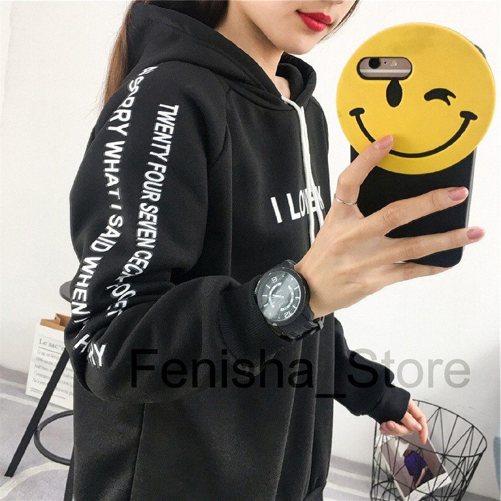 FenishaStore Sweater Hoodie Wanita I LOVE KM Lengan Panjang Size M L XL XXL-Bisa Bayar Ditempat COD