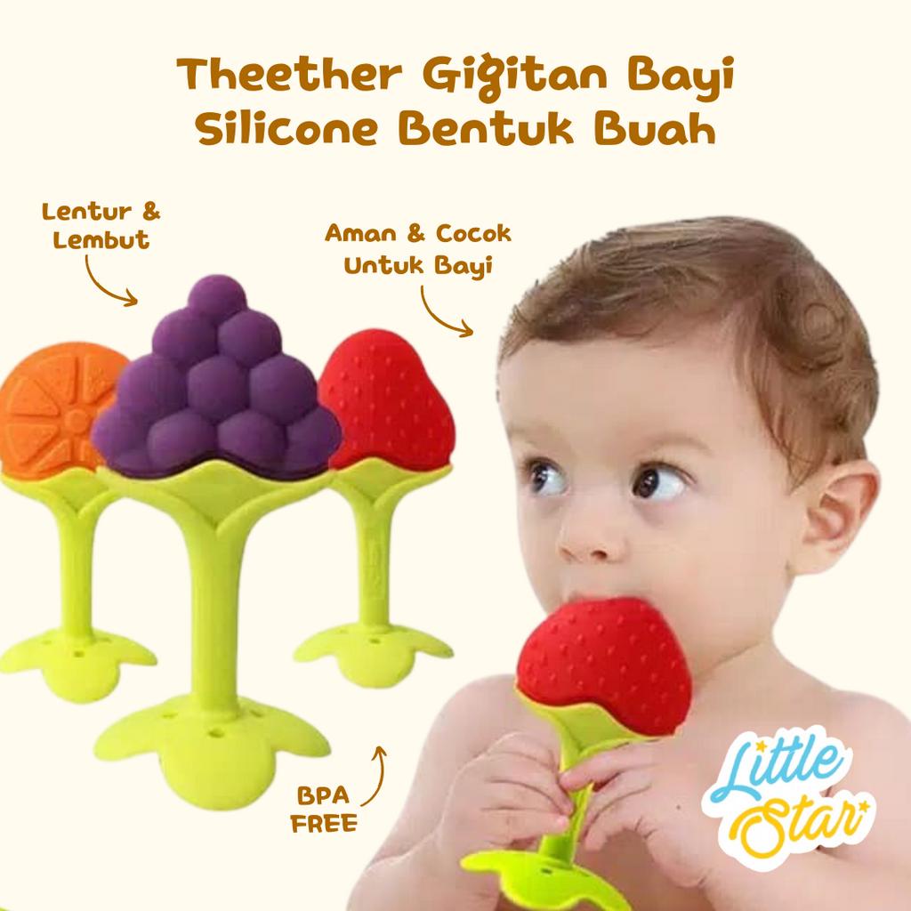 LS 3in1 Paket Mainan Gigitan Bayi Baru Lahir Newborn Baby Theether Empeng Buah Gelang Gengam Rattle Silikon Kerincingan BPA Free