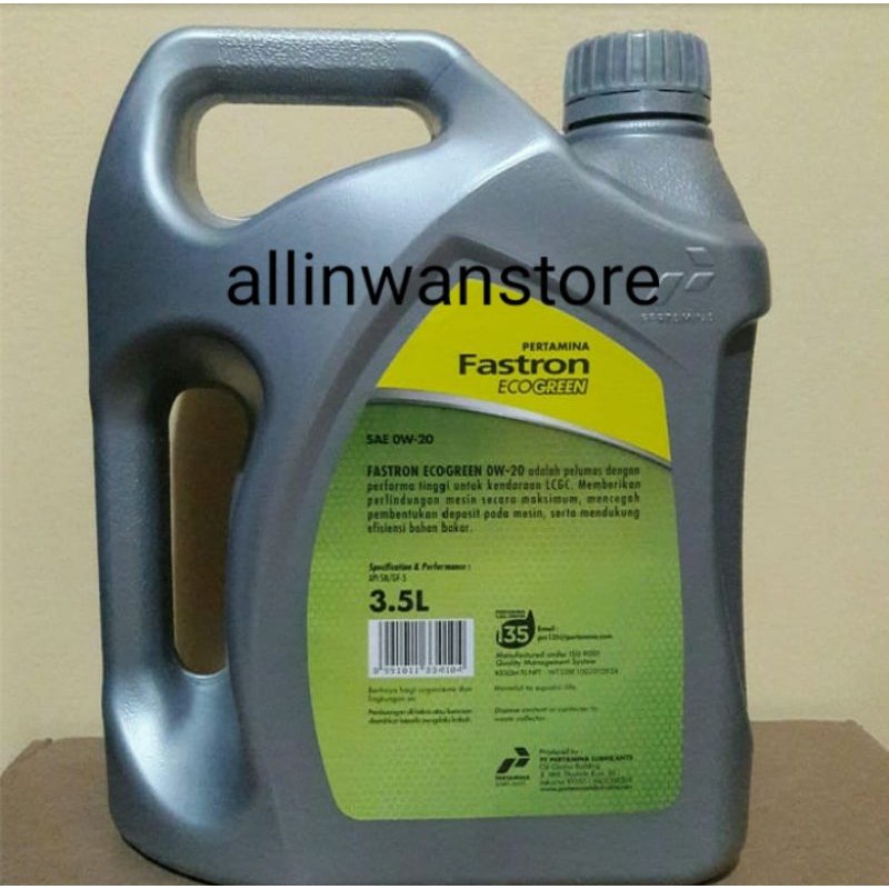 Oli Pertamina Fastron Eco Green 0w20 / Fastron Ecogreen 0W-20 volume 3.5L 3.5 Liter ORIGINAL 100% Cocok untuk Agya Ayla Sigra Datsun dll