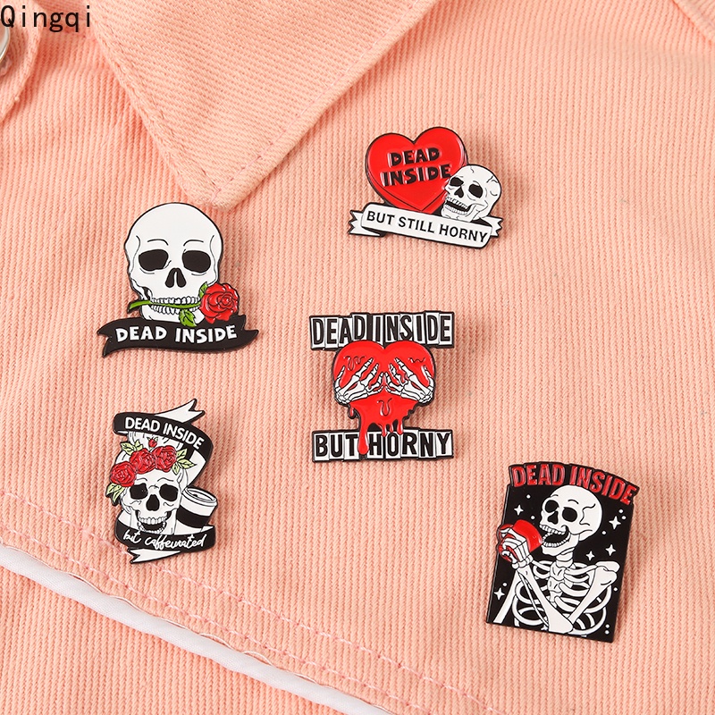 Bros Pin Enamel Bentuk Tengkorak Bunga Hati Merah Gaya Punk Untuk Pria Dan Wanita