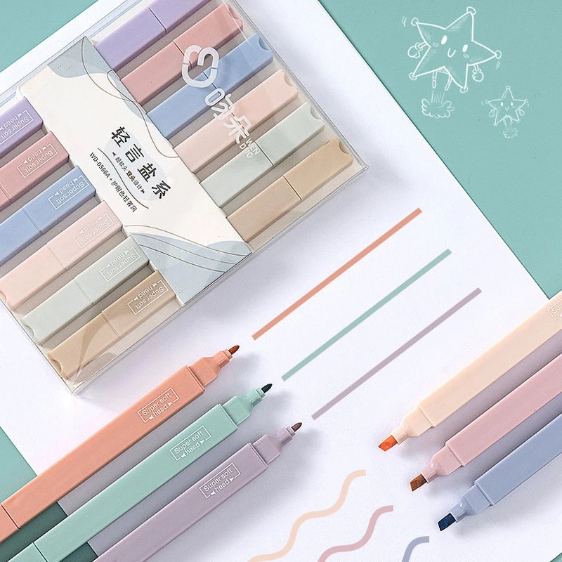 6pcs / Set Spidol Highlighter Ujung Ganda Warna Permen Untuk Jurnal / Album Foto Diy