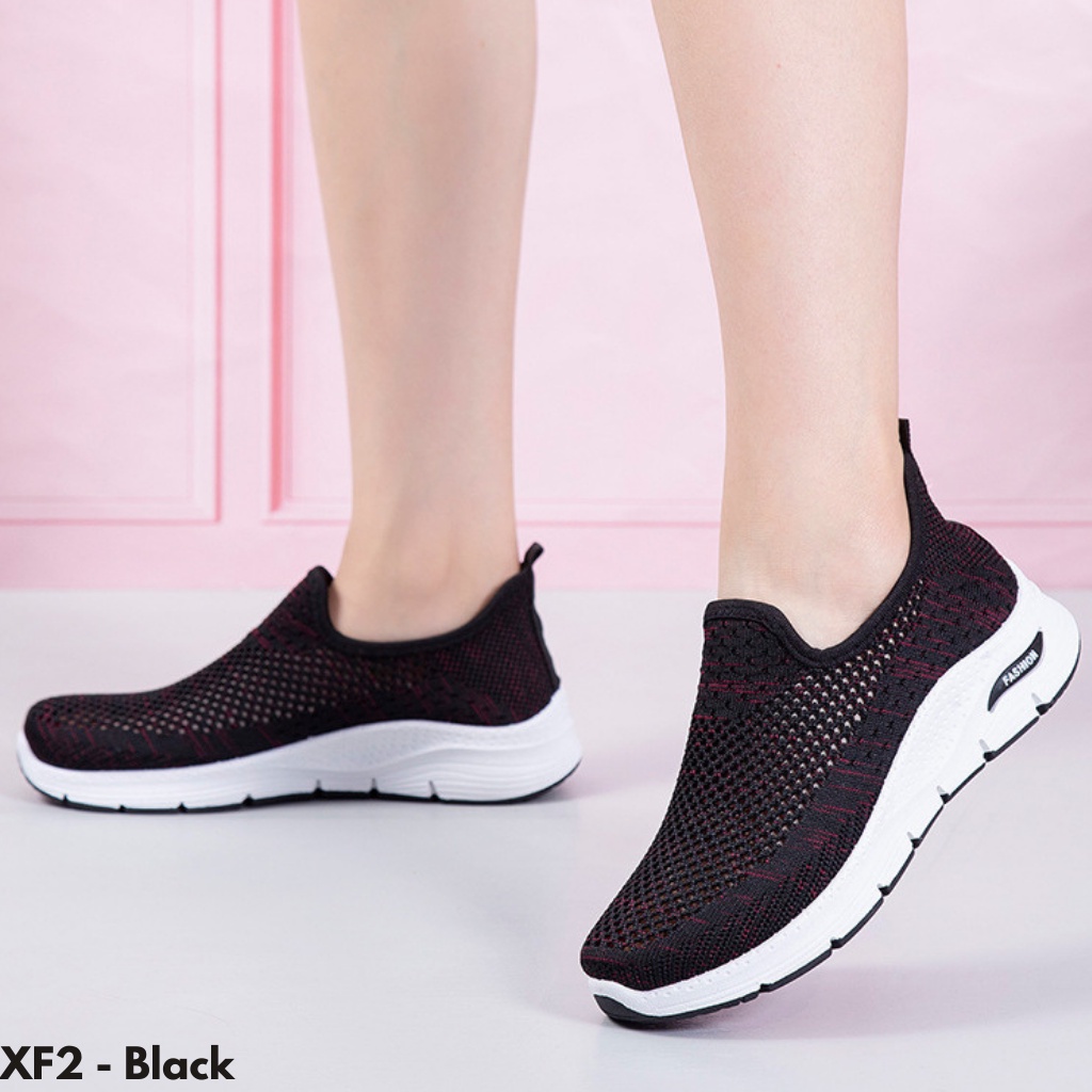 SEPATU SNEAKERS WANITA TANPA TALI KEKINIAN BREATHABLE BAHAN FLYKNIT IMPORT F2