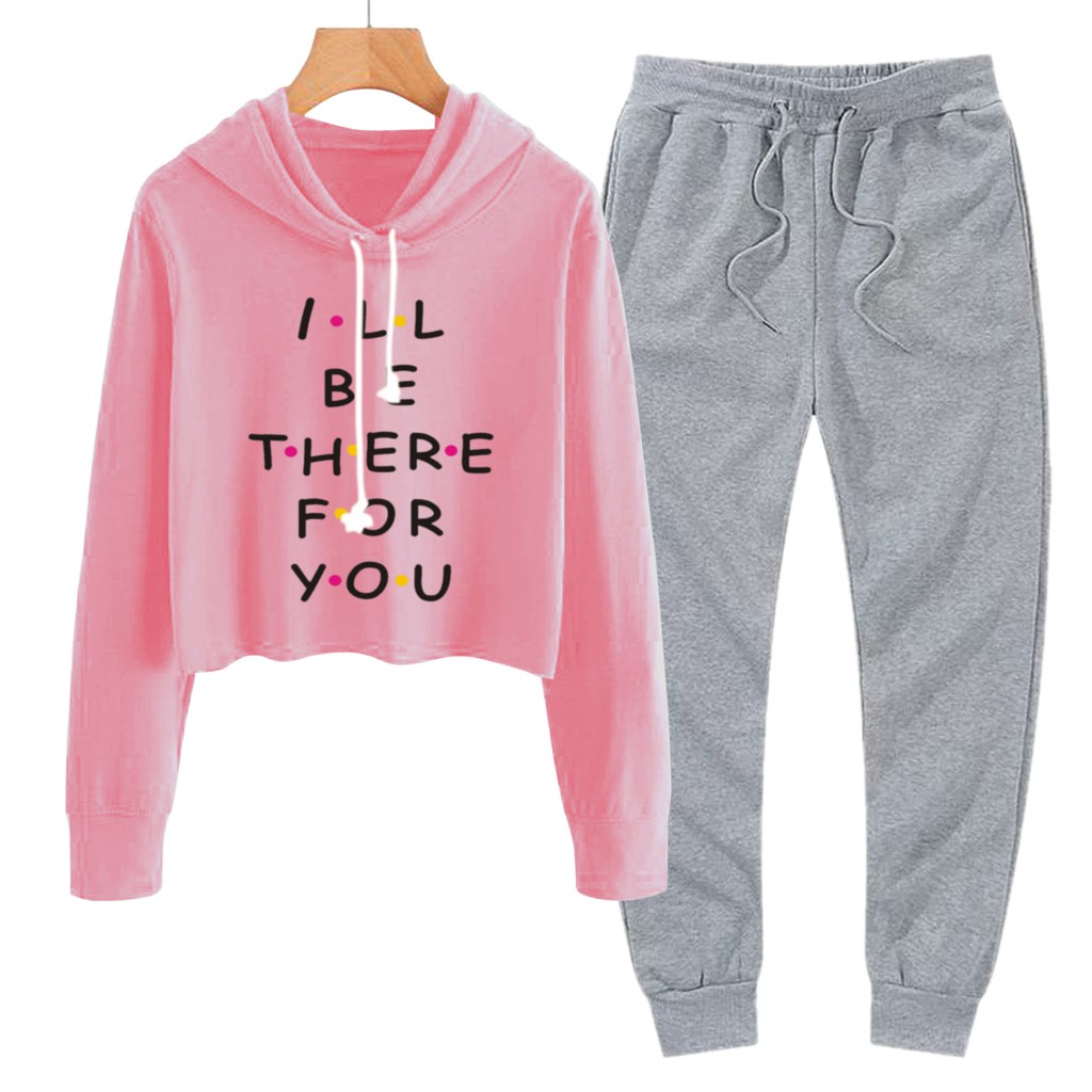 BESS - Baju Setelan Wanita Murah / Setelan Hoodie Crop + Jogger Abu - I BE THERE