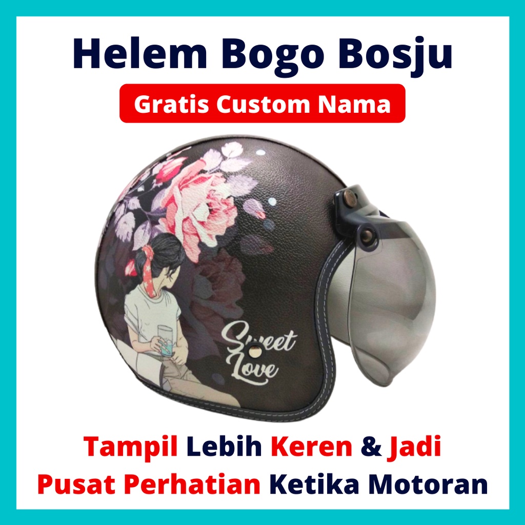 Helm Bogo Motif Bunga Cantik | Hlm Custom Warna Nama | Hlem Retro Klasik Anak Cewek Wanita Remaja De