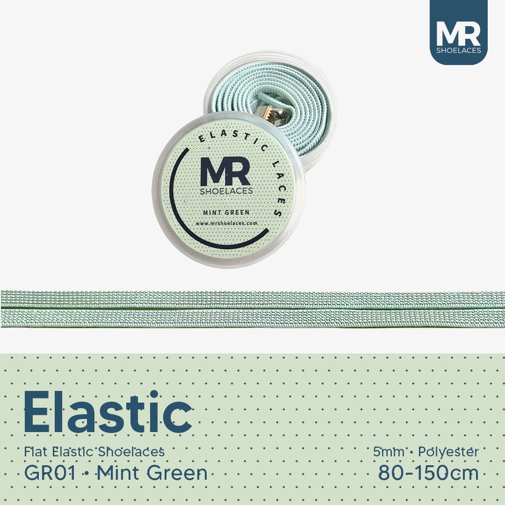 Original MR Shoelaces GR01 Elastic Mint Green Tali Sepatu Flat Elastis (Karet Lentur) with Metal Clip / Lock 80cm 100cm 120cm 150cm - Premium Shoelace