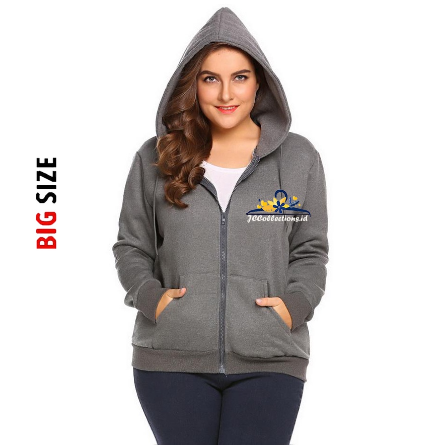 Jaket Jumbo Wanita Hoodie Resleting Julia Big Size 3XL - JCCollections-Abu Tua Jumbo