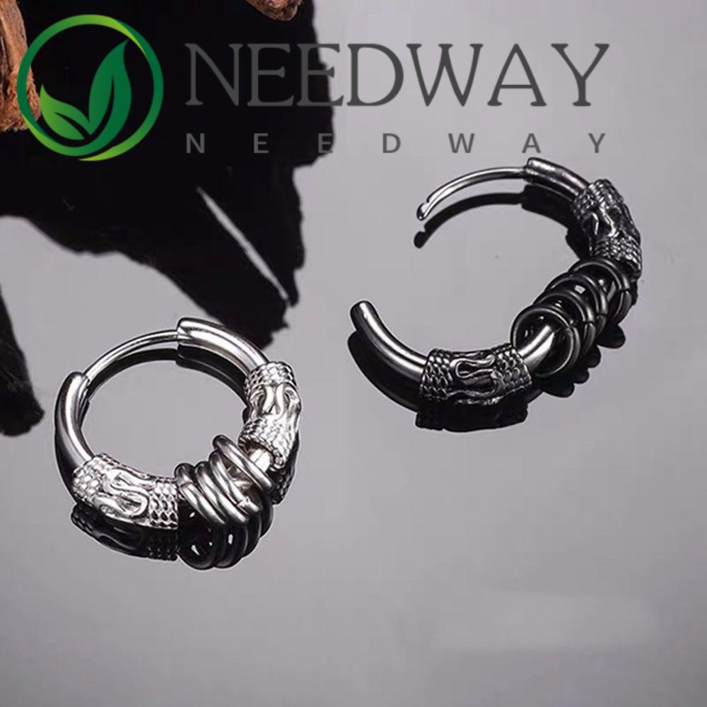 Anting Stud Bentuk Lingkaran Motif Naga Bahan Stainless Steel Gaya Punk Hip-Hop Korea Untuk Pria Dan Wanita