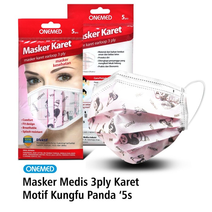 Masker Medis 3ply Karet OneMed Motif Kungfu Panda isi 5pcs OJ2