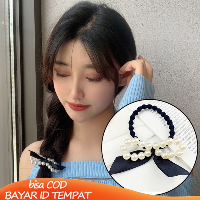 COD❤️Jepit Rambut Korea Klip Pita Ikatan Simpul Mutiara Manis Wanita Tali Ikatan Diikat Pita Rambut Elastis Tinggi Impor Fashion Murah