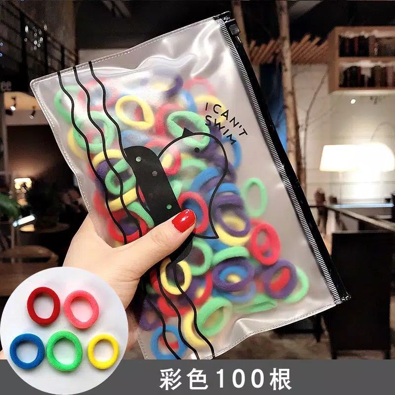 [ COD ] 100Pcs dan 50pcs Ikat Rambut + POUCH Lucu / Ikat Karet Donat Polos Warna Warni-100pcs polos 1
