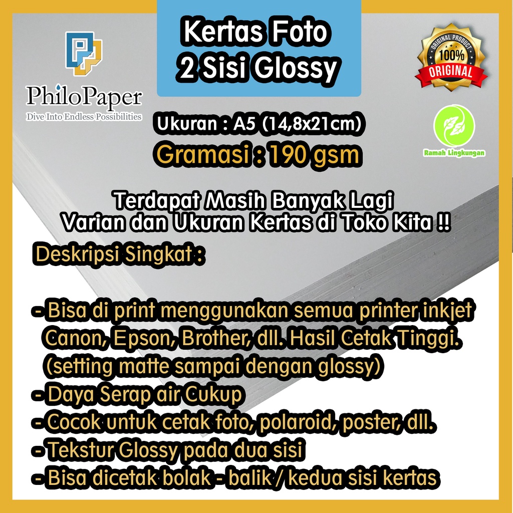 

Kertas Foto Doubleside Glossy 190 Gsm A5