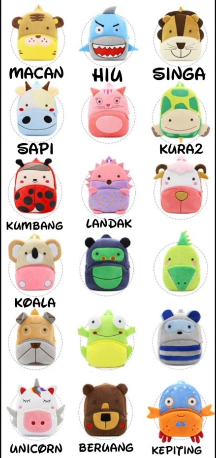 TAS RANSEL SEKOLAH ANAK KARAKTER LUCU - GAJAH HIU MACAN JERAPAH UNICORN SINGA LEBAH KUMBANG ini Bu