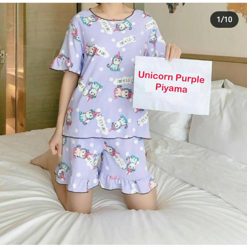 PIYAMA UNICORN SHORT PURPLE DEWASA, BAHAN KATUN