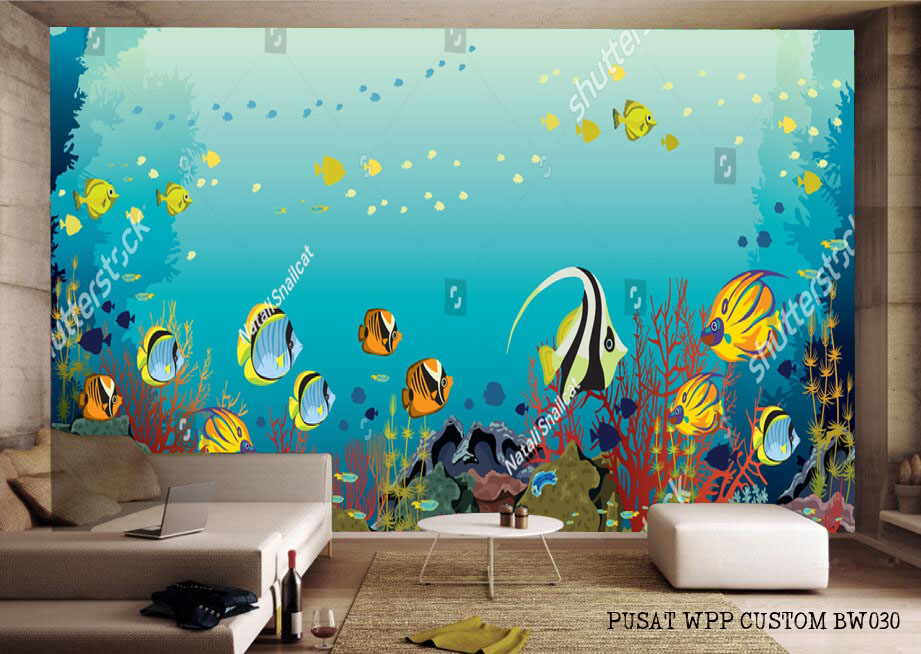 BERKUALITAS Wallpaper Sticker Dinding, Wallpaper 3d Pemandangan ikan Bawah laut, Dekorasi Rumah