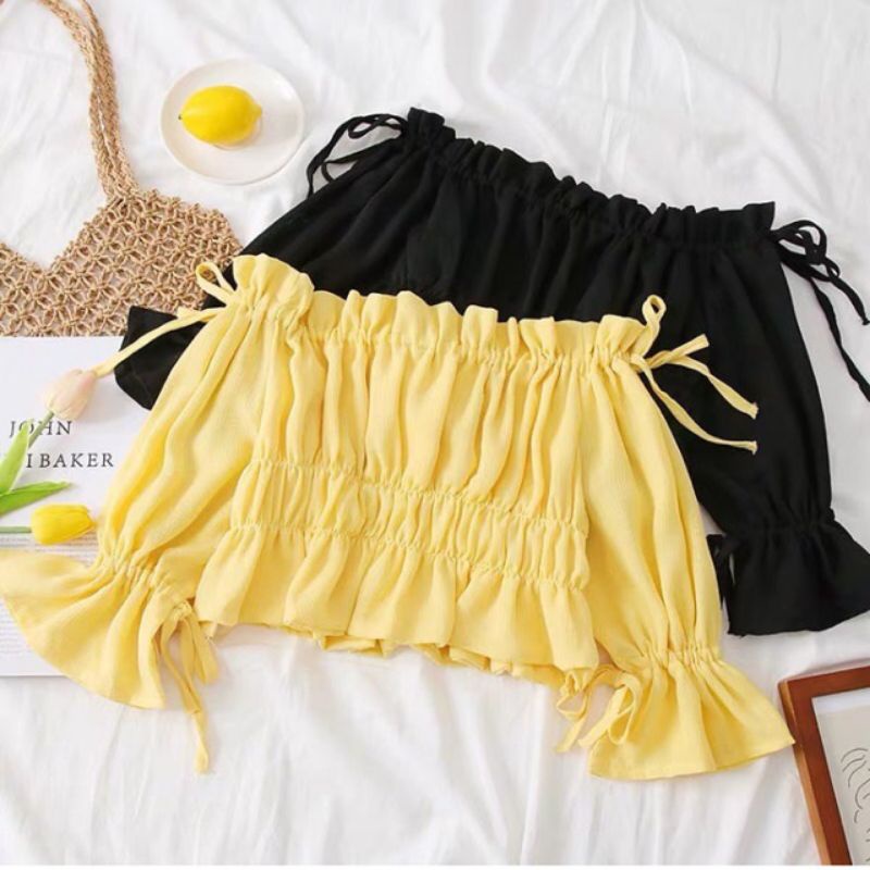 Top Baju Sabrina Wanita KARLITA - Motif Polos Kerut (Black/Yellow)