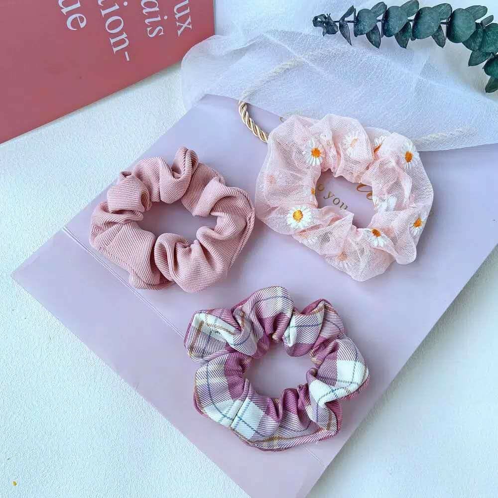 3Pcs/Set Ikat Rambut MF69 Scrunchies Ponytail Elastis Bhn Sifon Motif BungaDaisy-3