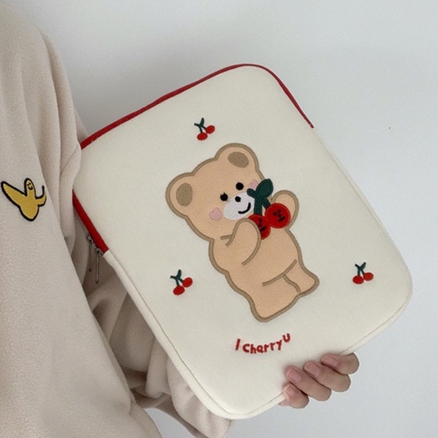 Sleeve Pouch Sarung Tas Bag Case Ipad Tab Tablet Macbook Air Pro Laptop Asus Acer Lenovo HP Huawei 11 12 13 14 15 inch Motif Gambar Cherry Bear Beruang Cery Warna Putih Merah Lucu Cute Murah Korean Model