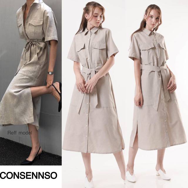 Dress wanita Consenso Khaki cotton belted shirt