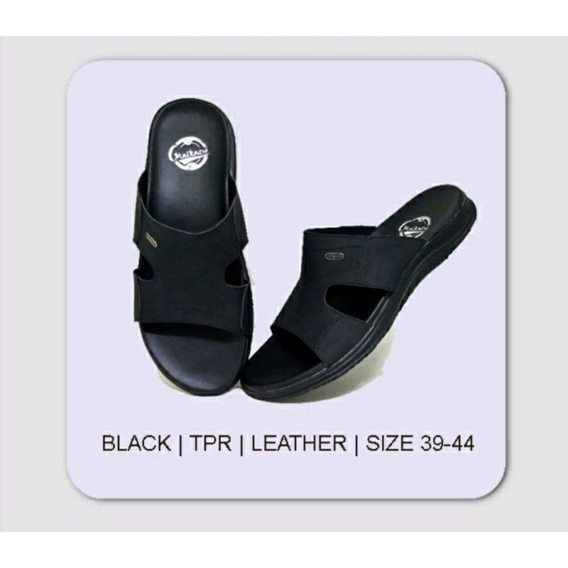 COD / Sandal Kulit Pria AC03 39 40 41 42 43 44 Slide Leather Black Cowok Dewasa Bapak2 Awet Sandal Kasual Simpel Hitam Ori, 44