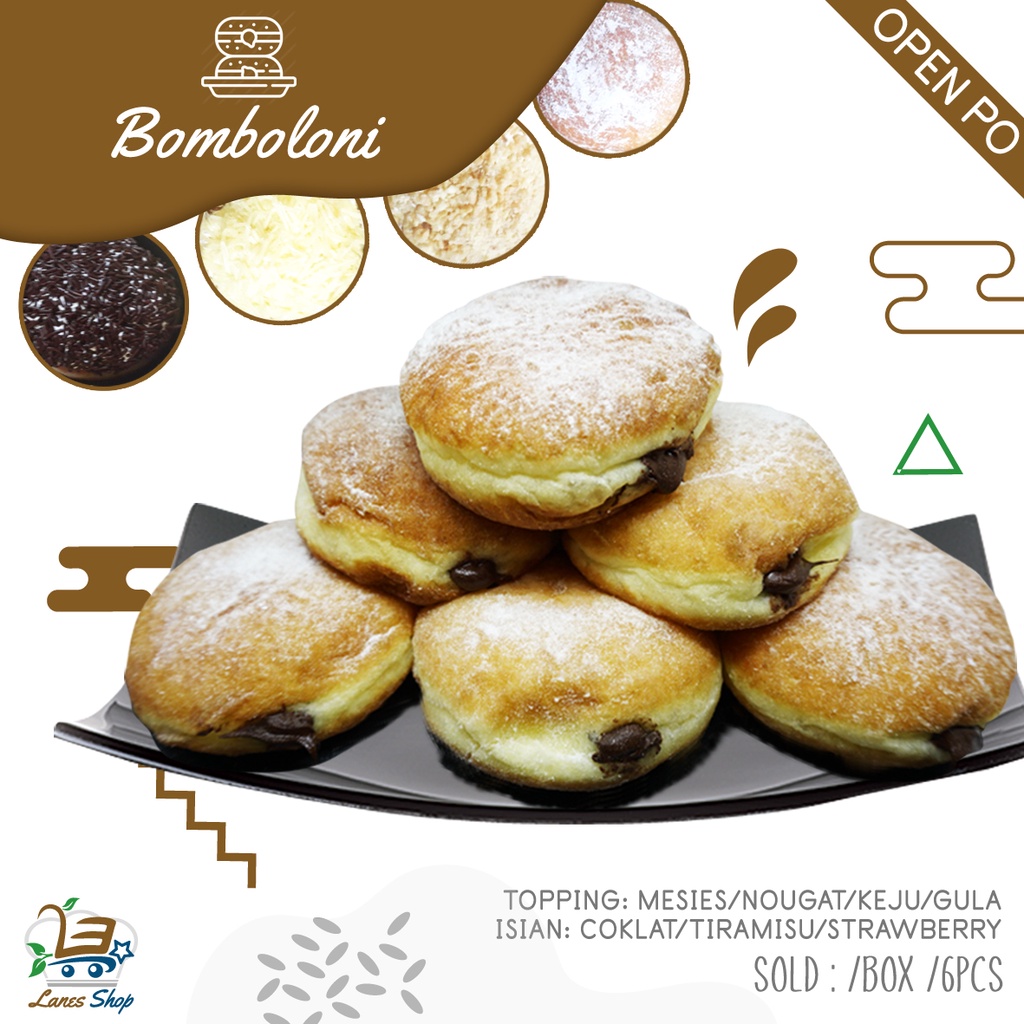 

Bomboloni isi Cokelat/Strawberry/Tiramisu/+Topping Mesies/Nougat/Keju/Gula Halus box isi 6pcs