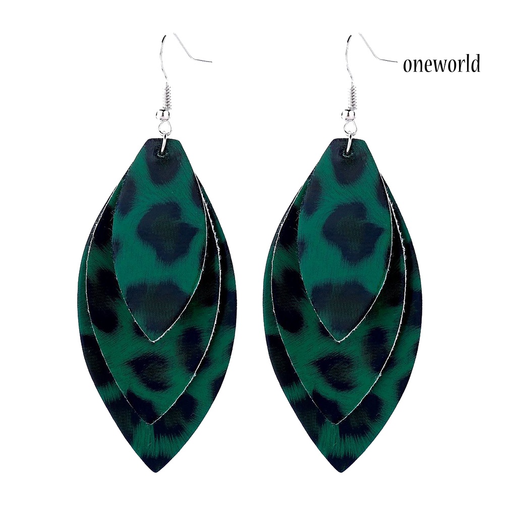 OW@ Women Leopard Triple Layer Leaf Shape Faux Leather Long Dangle Hook Earrings