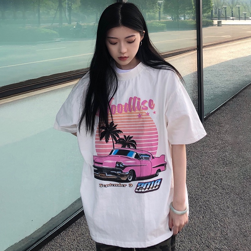 kaos wanita korean style/kaos putih lengan pendek/printing oversize import t shirt