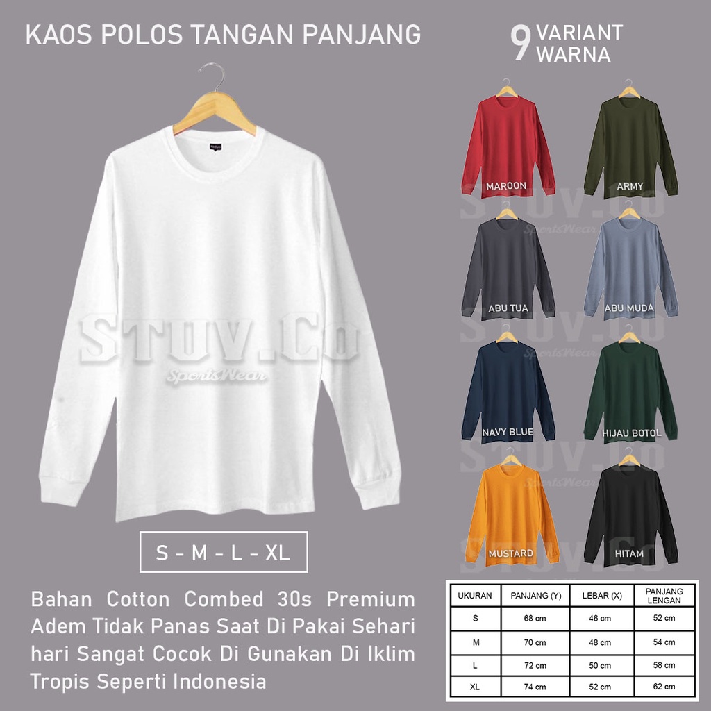 KAOS POLOS LENGAN PANJANG KATUN COMBED 30S TANGAN PAKAI RIB KARET PRIA WANITA S M L XL