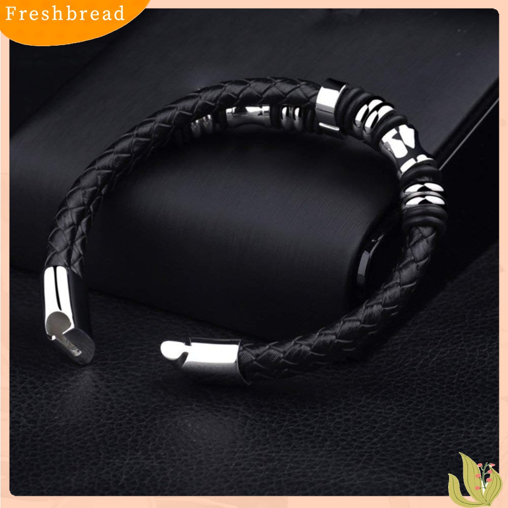 Terlaris Fashion Men Double Layer Faux Leather Braided Magnet Clasp Bead Bracelet Bangle