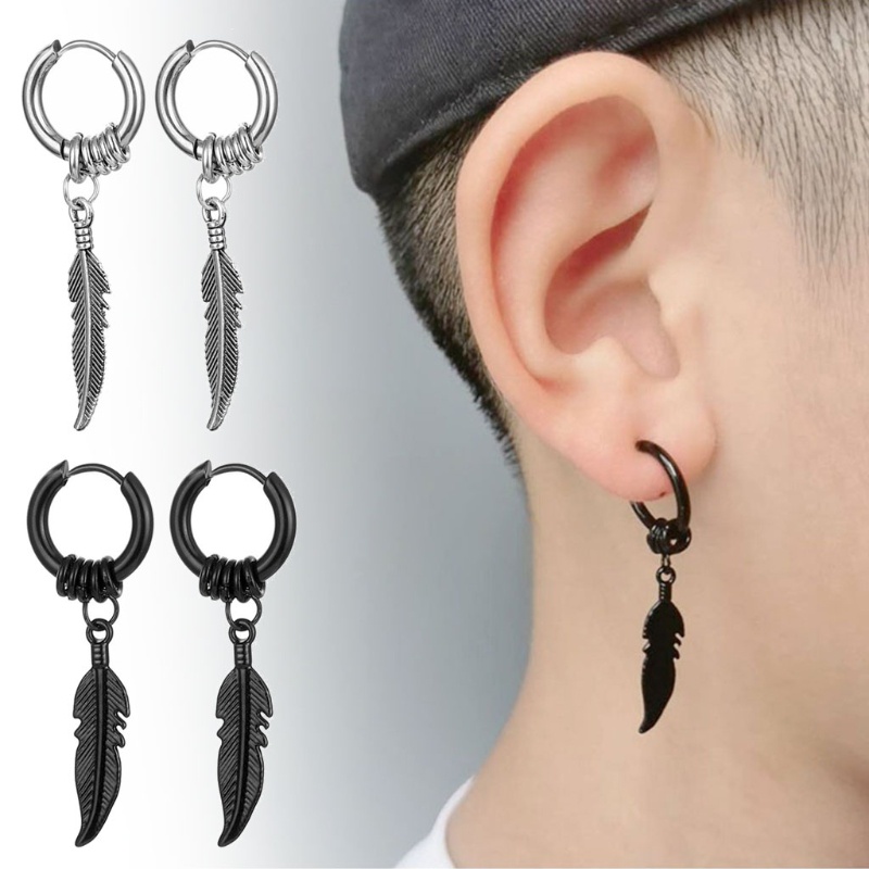 Siy Anting Tusuk Gantung Bahan Stainless Steel Desain Daunbulu Gaya Vintagepunk Untuk Wanita