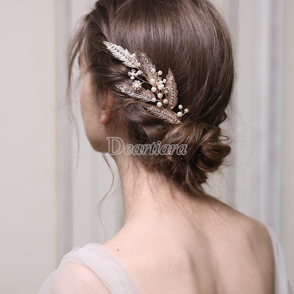 Fashion Pearl Leaf Bridal Comb Wedding Party Golden Accessories European and American Headdress Original Handmade Comb