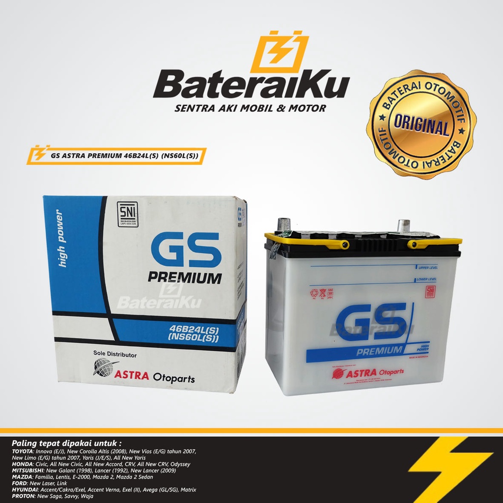 Aki Gs Astra Premium NS60LS Aki Basah Aki Mobil Yaris, Hrv, Vios, Innova, Sienta