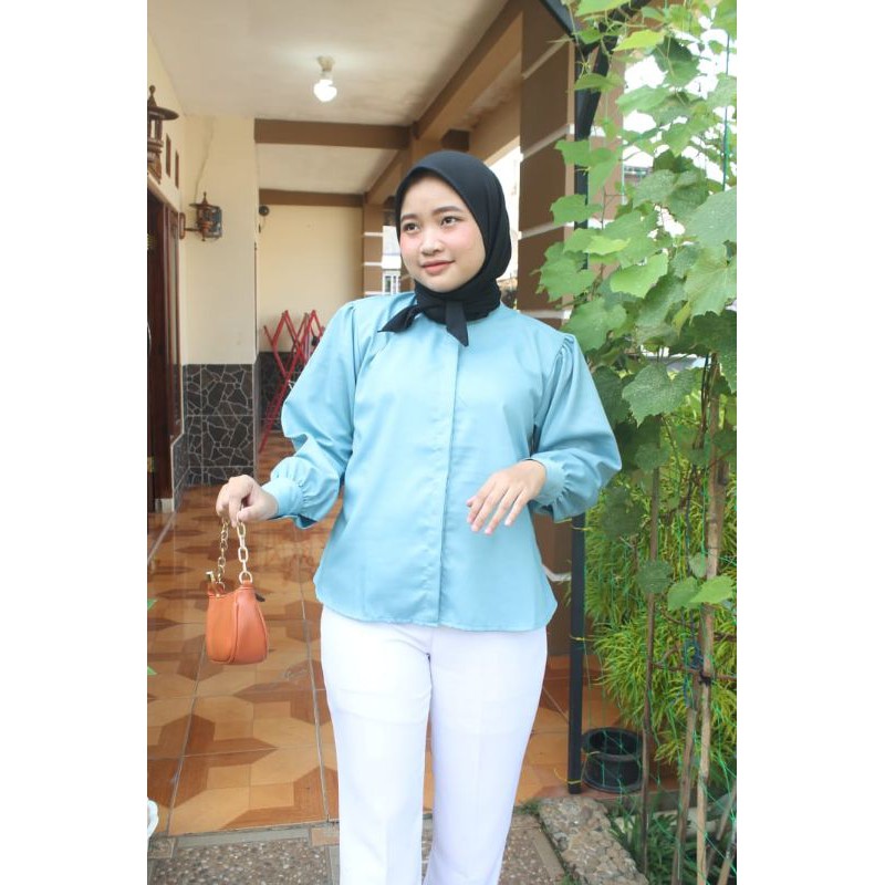 Baju atasan kemeja polos lengan balon panjang kerja kantor kuliah fashion ootd cewek wanita