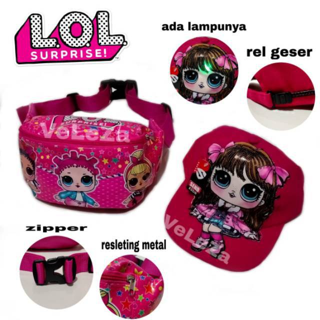 Tas Selempang Anak Perempuan Karakter LOL + Topi Led