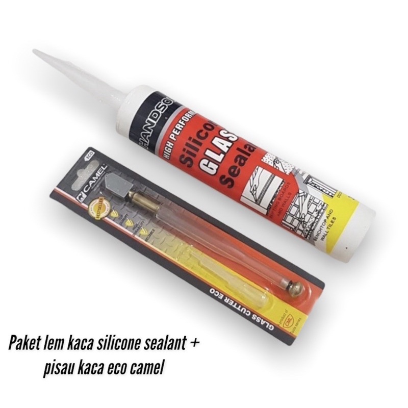 Paket lem kaca silicone sealant botol + pisau kaca eco