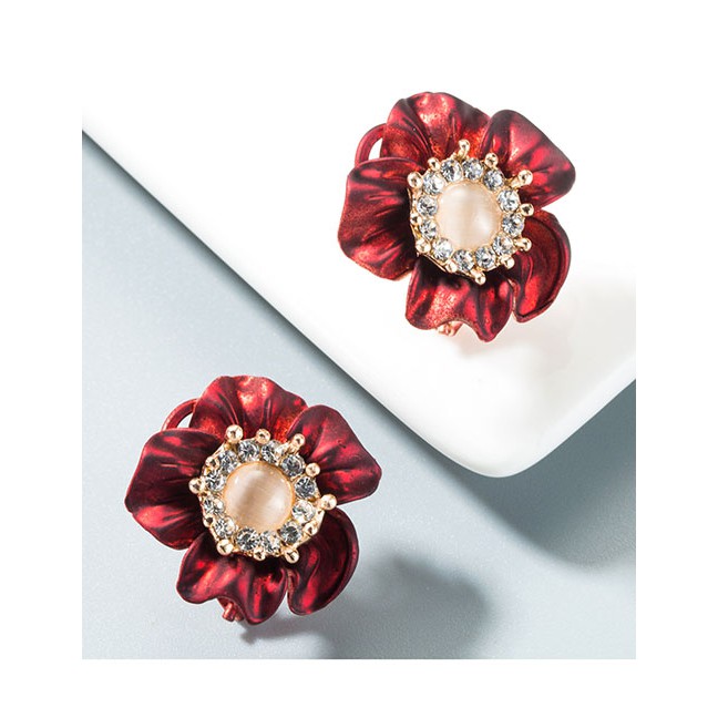 LRC Anting Tusuk Fashion Red Alloy Spray Paint Flower Opal Earrings D38965