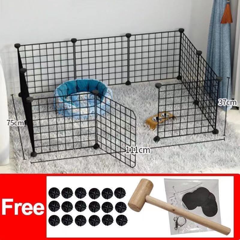 Gratis（Palu konektor stiker tali kunci）DIY Kandang pagar/Kandang Besi Lipat -Kucing Anjing Kelinci Kura-Kura Hamster Pagar Rak Penyimpanan-Hitam10PCS ada pintu