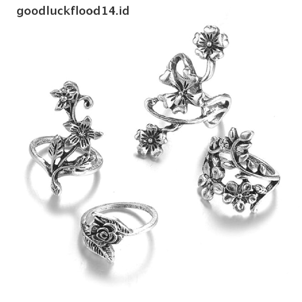 [OOID] 4pcs/set Antique Silver Color Vintage Bohemia Ring Set Rose Flower Rings ID