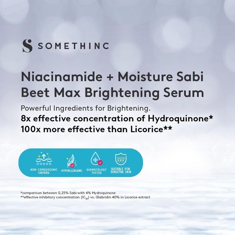 SOMETHINC Niacinamide + Moisture Sabi Beet Max Brightening Serum Indonesia / 5% 10% Barrier Facial Wash Cleansing Essence Mist Toner Ampoule Eye Cream Creme Eye Gel Sunscreen Sleeping Mask Masker Moisturizer Body Scrub Lotion / Cushion Lip Sugar Wax Paket