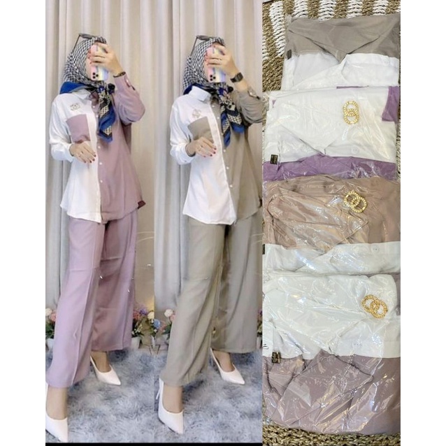 (Bisa COD) Setelan Blouse Kemeja Shakila Kombinasi Dua Warna/One Set Syakila