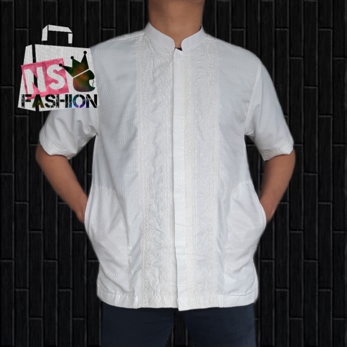 Spesial Baju Koko Pria Muslim Size M L XL Lengan Pendek Semi Sutra Putih Amran - Putih XL Murah