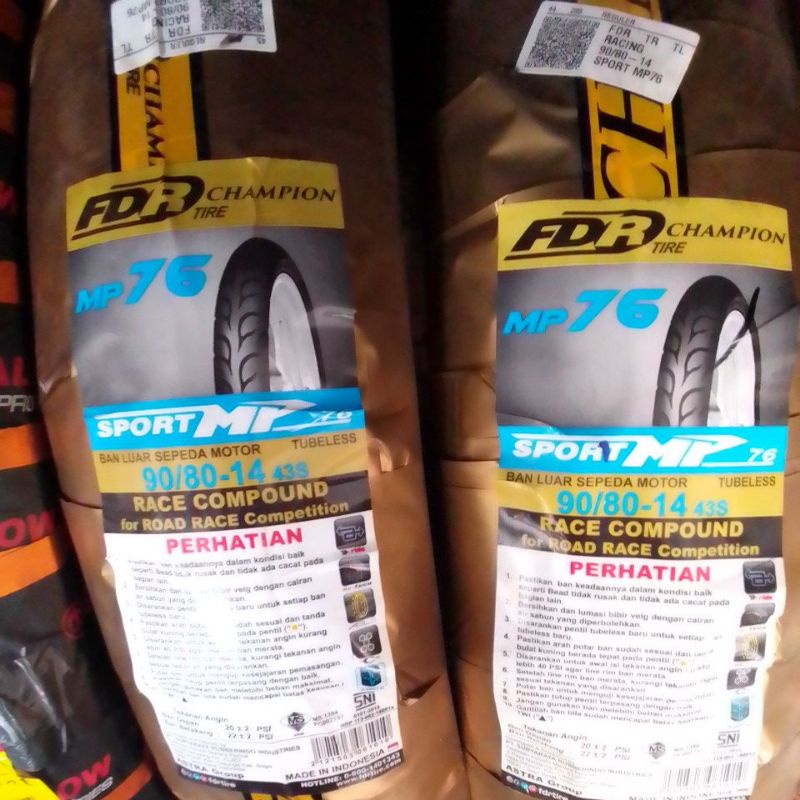 ban FDR MP 76 ring 14 sepasang depan dan belakang ukuran 90-80/14 soft compound