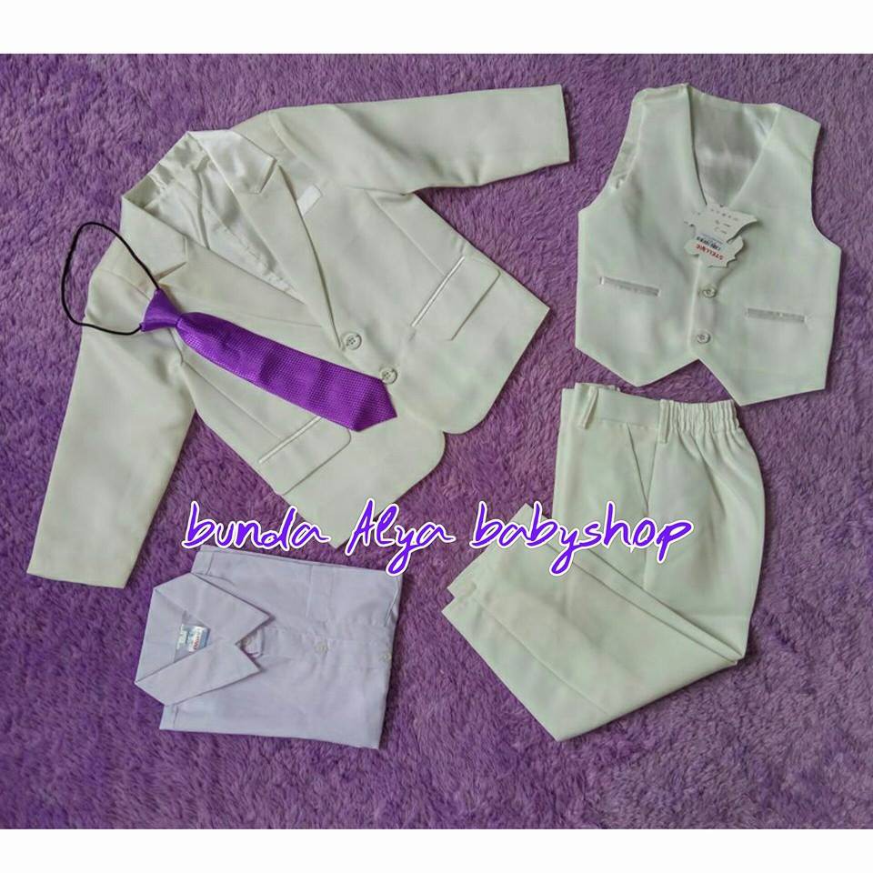 Setelan Jas Anak Premium Putih Gading Usia 1 2 3 4 Tahun - Jas Tuxedo Anak Cowok Broken White 8in1 Dasi Panjang