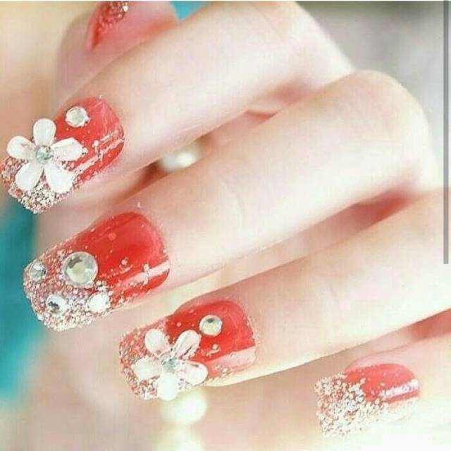 (RRF) KUKU PALSU MERAH BUNGA FAKE NAIL