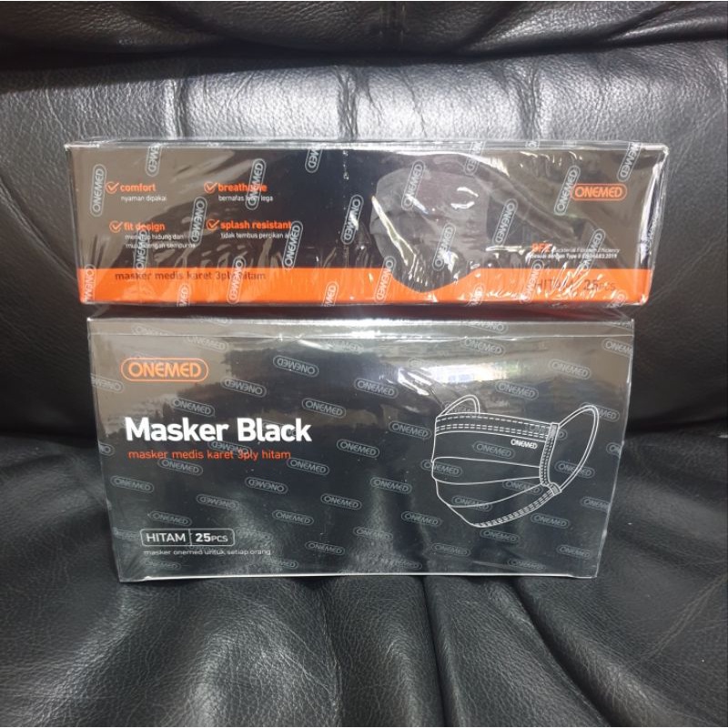 1 BOX MASKER KARET MEDIS ONEMED 3 PLY ALL BLACK 25 LEMBAR