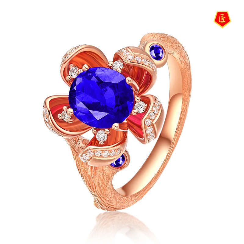 [Ready Stock]Creative Flowers Red Tourmaline Ring 18K Rose Gold