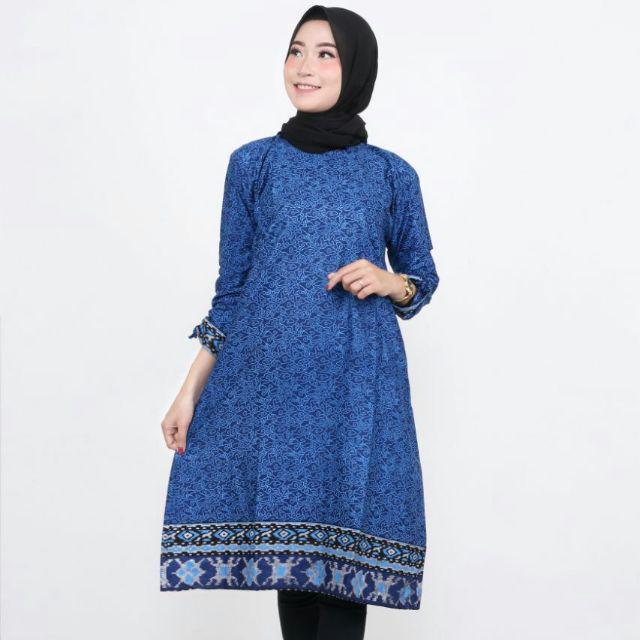 Batik Couple keluarga Maura Couple Sania Ruffle Ori Ndoro Jowi dnt Termurah motif mega mendung biru-Tunik