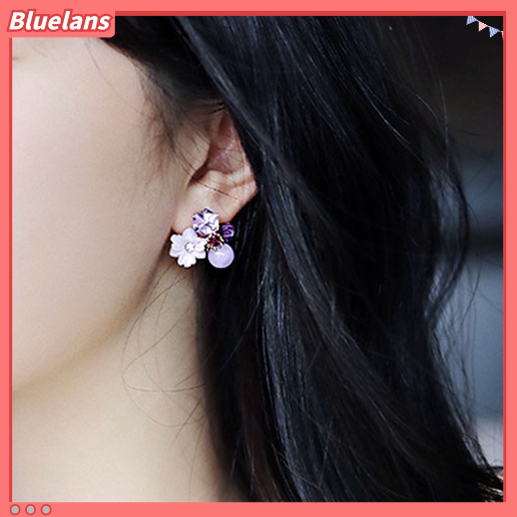 Bluelans 1 Pasang Anting Stud Desain Bunga Ungu Aksen Berlian Imitasi Untuk Wanita