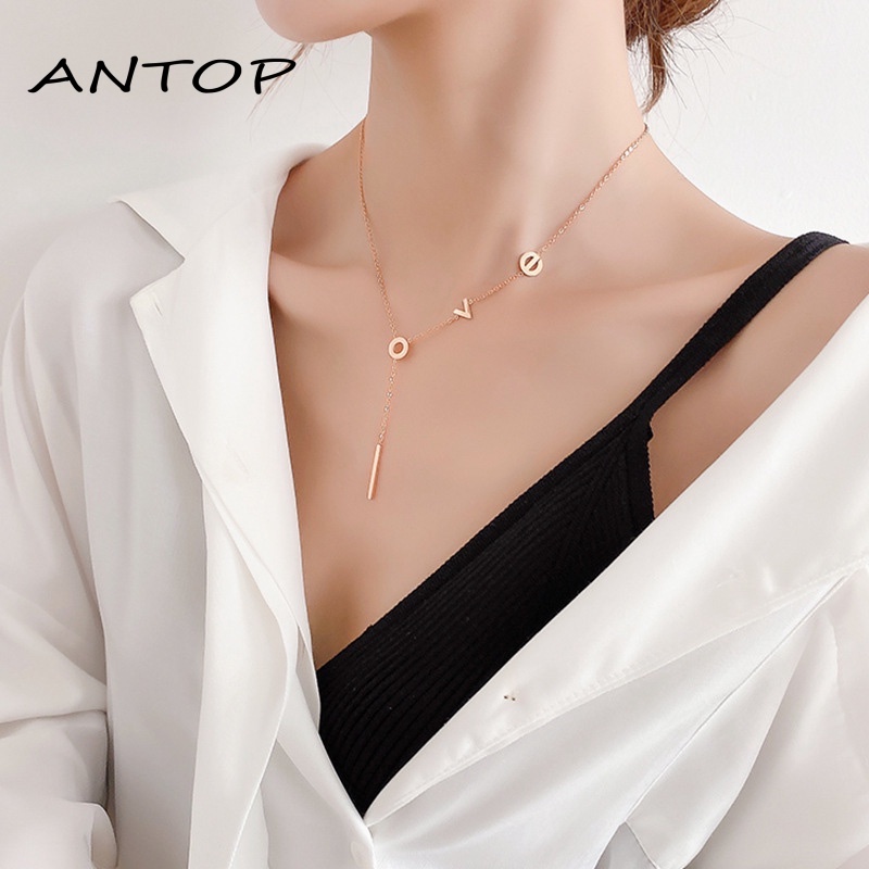 Kalung Rantai Bahan Titanium Steel Motif Tulisan Love Untuk Wanita