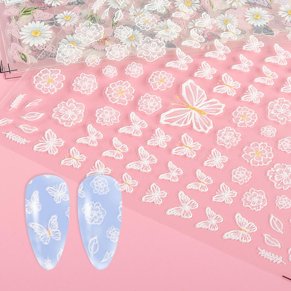 Agustin 5D Timbul Stiker Kuku Kupu-Kupu 1PC Decals Manicure Aksesoris Daisy Kecil Nail Art Sticker